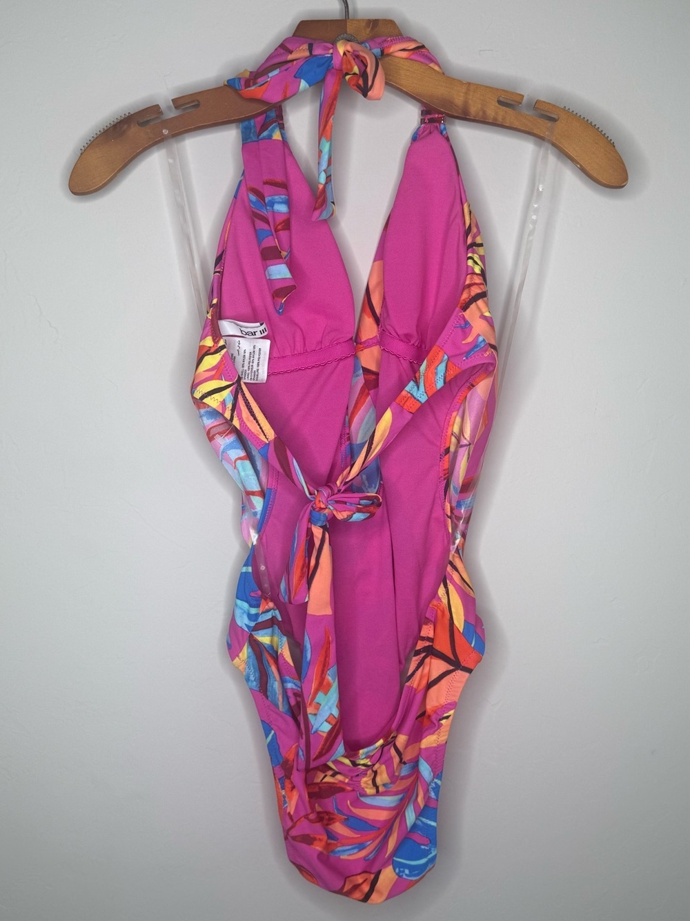 Bar III Cowl Neck One-Piece Swimsuit Magic Magenta Paradise Palms size XS NWOT - Picture 5 of 5